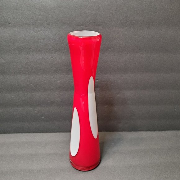 Red and White Cased Glass Vase, Art Glass, Polka Dot Coin Dots, 11", Red Vase - Picture 7 of 7